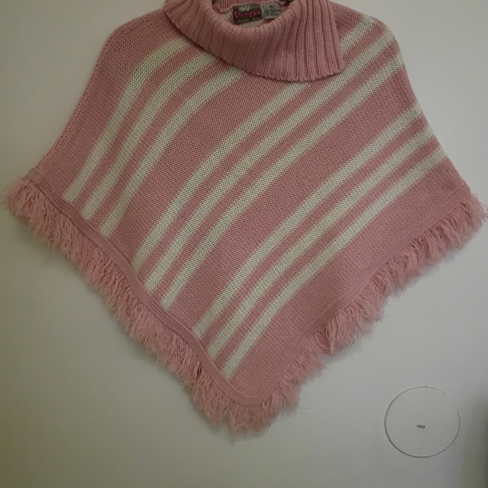 VTG Cozy Pink Striped‎ Girls Poncho Sz M 10/12